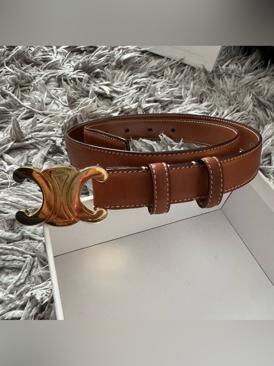 Celine Accessories - Celine Tan Leather Belt with Gold Logo Buckle